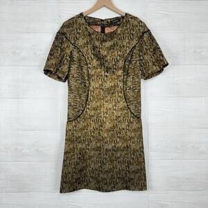 Cotelac Shift Dress Size 8 Textured Satin Brown Green Pleated Short Sleeves
